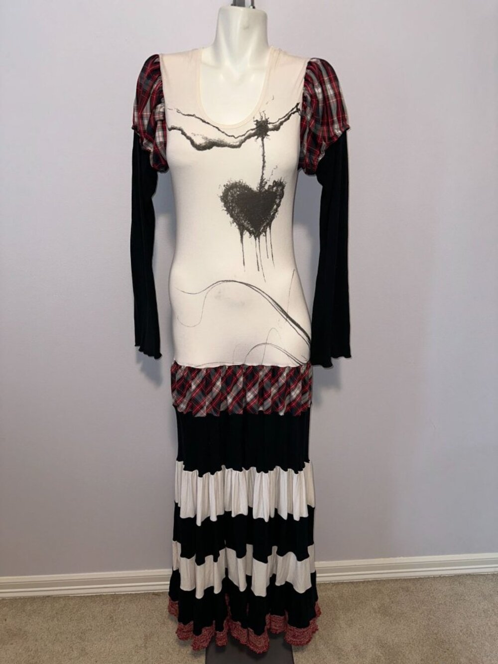Nuvula Drop Waist Maxi Dress Medium Striped Plaid Dark Cabaret Goth Cello Art - Picture 9 of 10